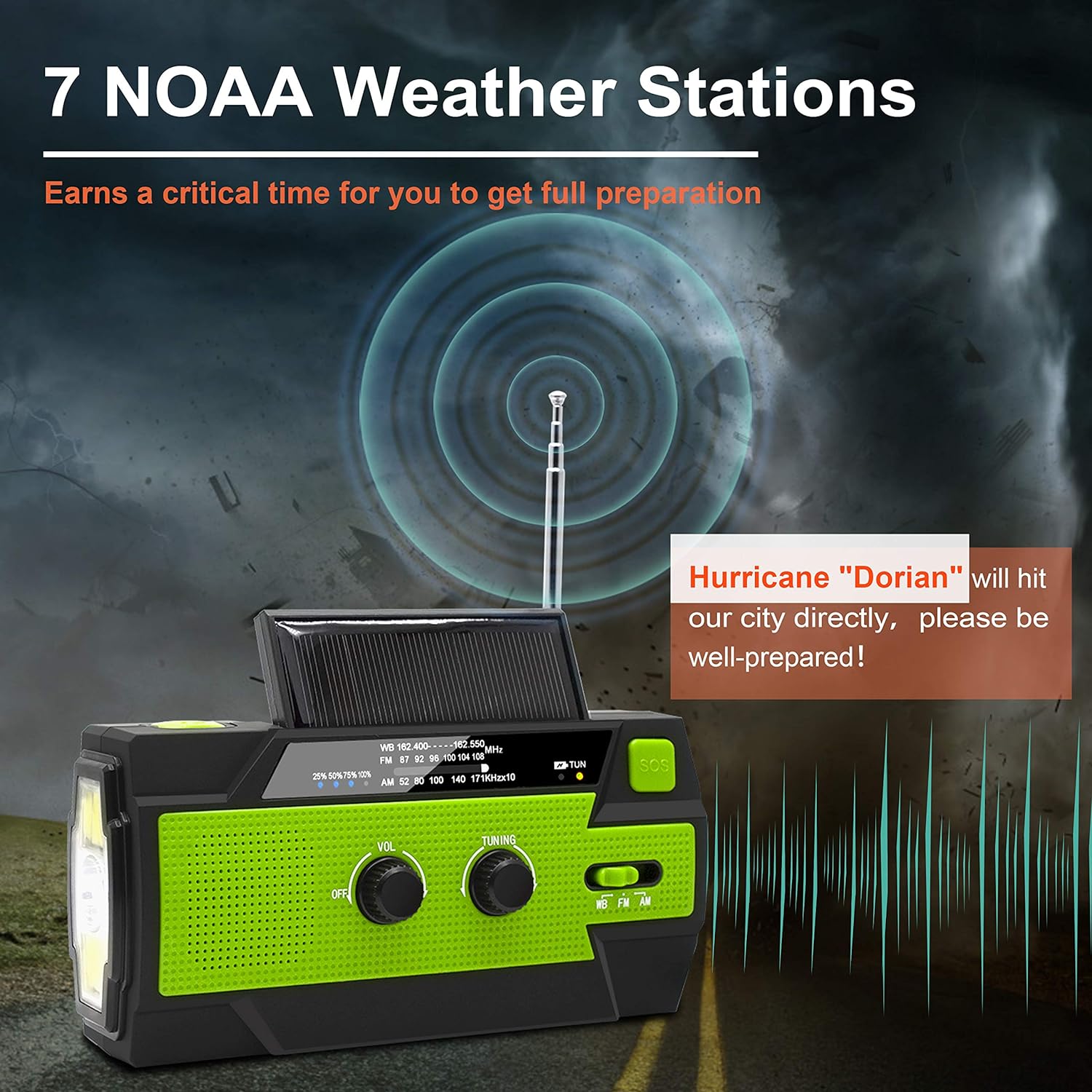 RunningSnail Emergency Crank Weather Radio in yellow with solar panel, hand crank, and flashlight