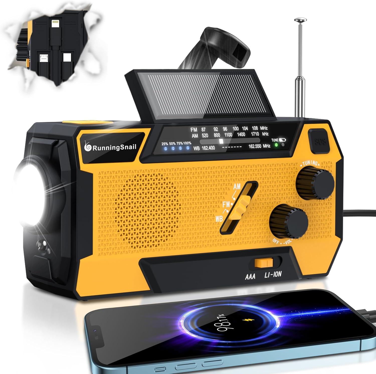RunningSnail emergency crank weather radio in yellow - View 1